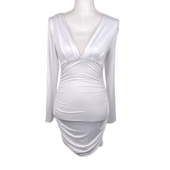White Ruched V-Neck Special Occasion Midi Dress Size Small - Picture 1 of 5